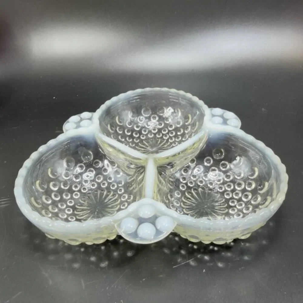 Anchor Hocking Moonstone Clear Opalescent Hobnail Relish Dish 3 Parts Glass Dish